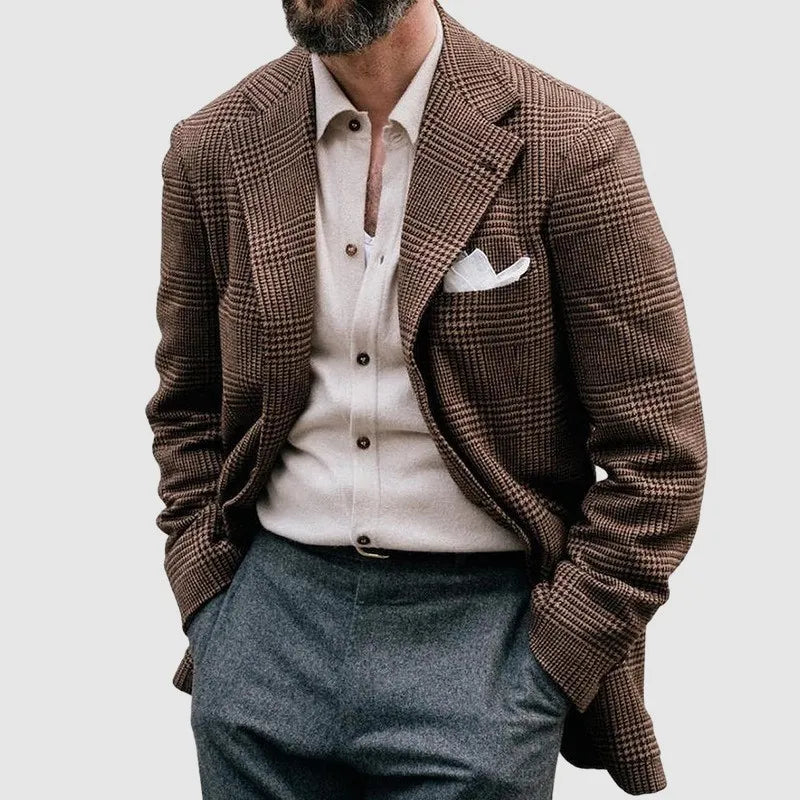 Stylish men's tailored checkered blazer. Perfect for a modern business look, formal event, or sophisticated men's outfit.