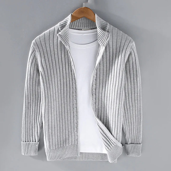 Men's sophisticated ribbed knit zip-up sweater in cotton. Perfect for elegant or casual layering menswear.