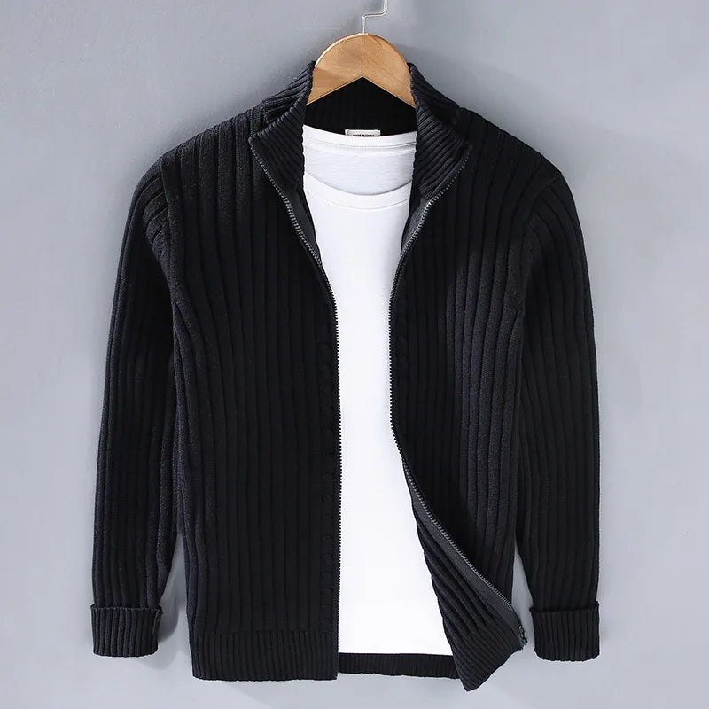 Casual men's zip-up rib knit cotton sweater, ideal for everyday style and comfort. Versatile menswear.