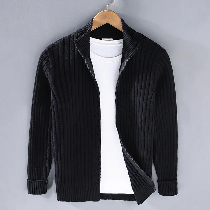 Casual men's zip-up rib knit cotton sweater, ideal for everyday style and comfort. Versatile menswear.