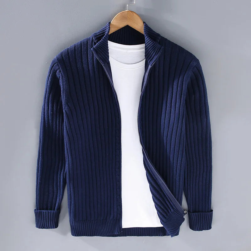 Elegant men's ribbed knit zip sweater for sophisticated layering. Premium cotton, refined menswear.