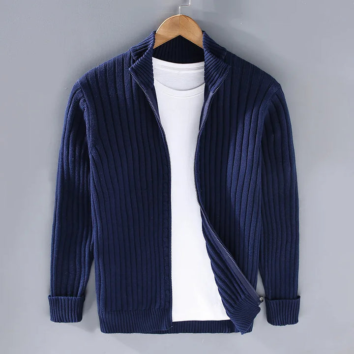 Elegant men's ribbed knit zip sweater for sophisticated layering. Premium cotton, refined menswear.