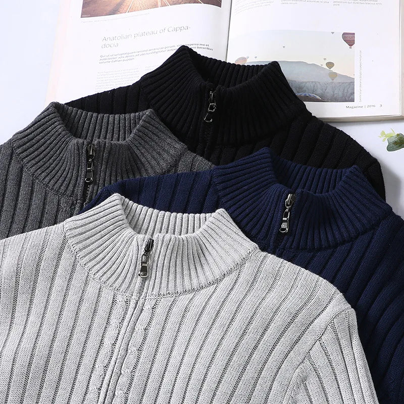 Men's zip-up rib knit sweater layered over a shirt, showing versatile, elegant, and casual styling.
