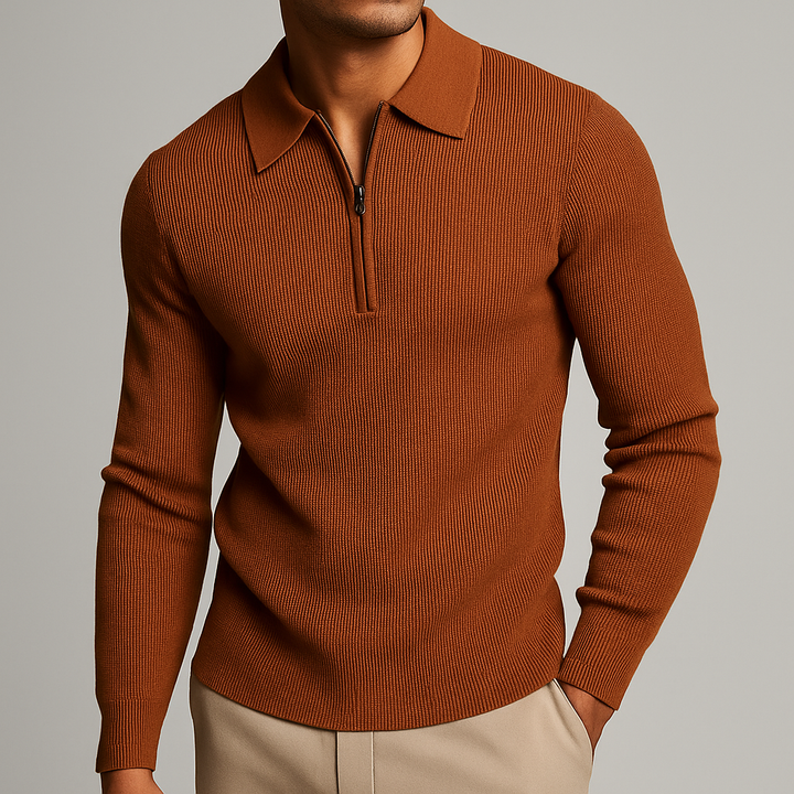 Men's sophisticated ribbed quarter-zip polo top. Versatile long-sleeve pullover for fall & spring casual wear.