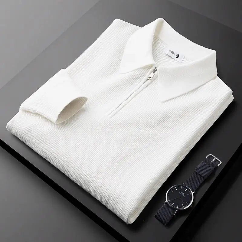 Ribbed quarter-zip long-sleeve polo for men. Perfect for sophisticated everyday wear or casual fall fashion.