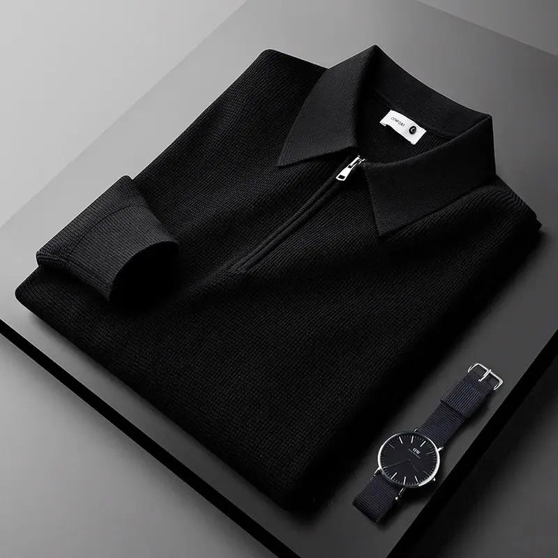 Men's refined ribbed quarter-zip polo. Stylish long-sleeve pullover top, ideal for versatile fall & spring fashion.