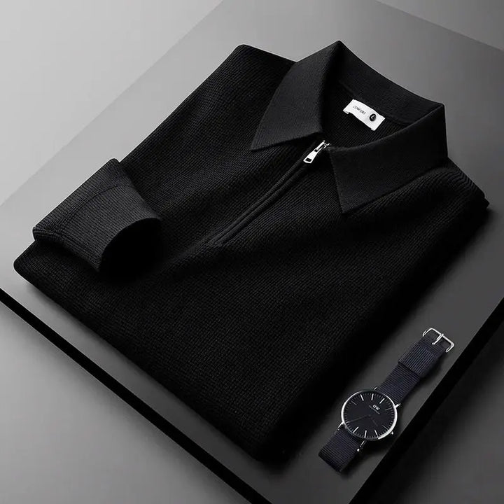 Men's refined ribbed quarter-zip polo. Stylish long-sleeve pullover top, ideal for versatile fall & spring fashion.