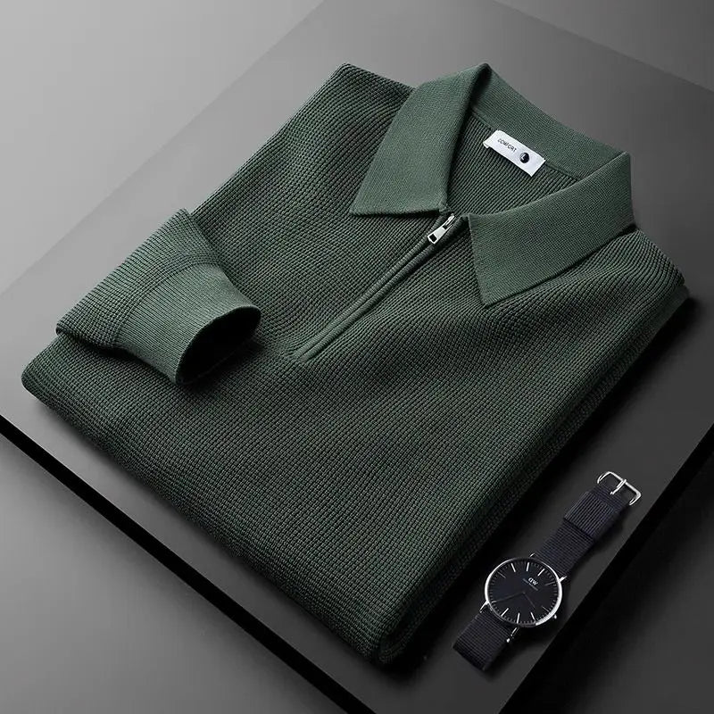 Versatile men's ribbed quarter-zip polo top. Long-sleeve pullover for sophisticated casual and everyday wear.