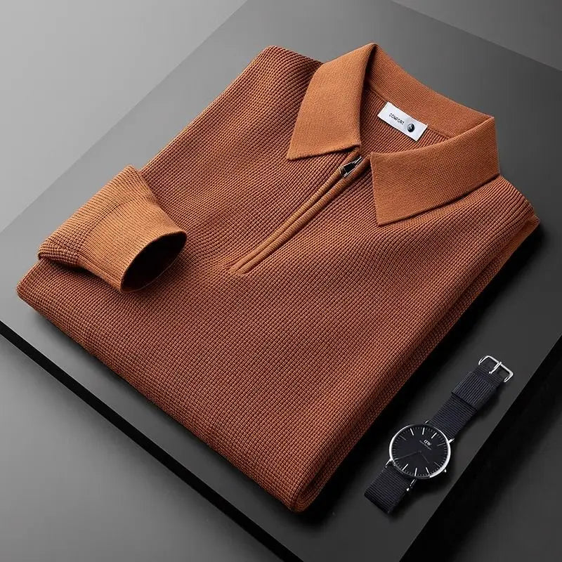 Fall fashion men's ribbed quarter-zip polo. Long-sleeve pullover top, sophisticated for spring and everyday style.