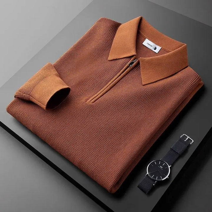 Fall fashion men's ribbed quarter-zip polo. Long-sleeve pullover top, sophisticated for spring and everyday style.