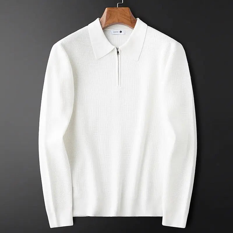 Men's Refined Ribbed Polo Quarter-Zip Top. Sophisticated long-sleeve pullover for versatile casual everyday wear.