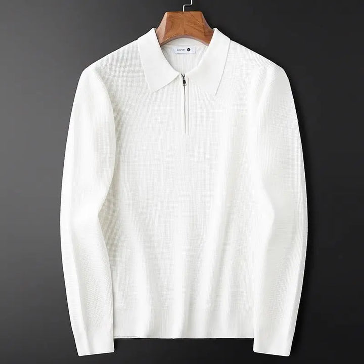 Men's Refined Ribbed Polo Quarter-Zip Top. Sophisticated long-sleeve pullover for versatile casual everyday wear.