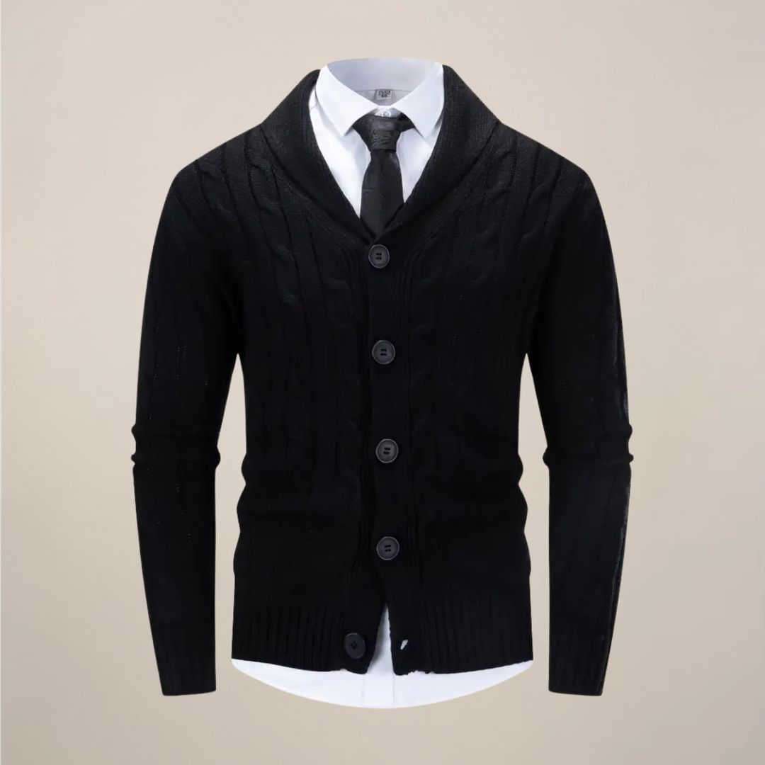 Men's sophisticated shawl collar cardigan, button-front knit sweater for elegant winter layering style.