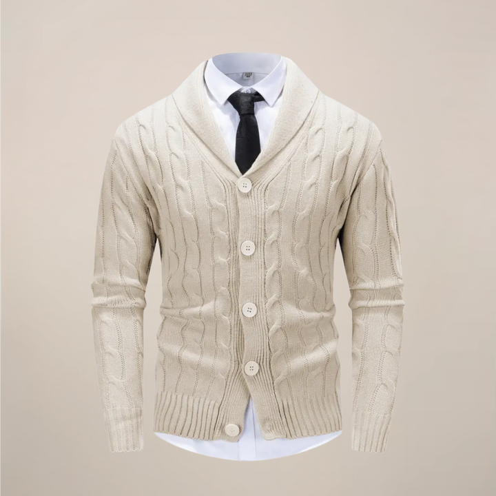 Cozy knit men's shawl collar cardigan, button-front, perfect for smart casual autumn & winter layering.