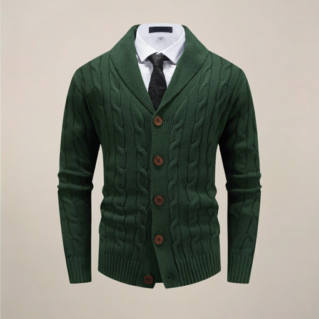 Men's smart casual shawl collar cardigan, a sophisticated knit sweater for modern gentlemen's winter style.