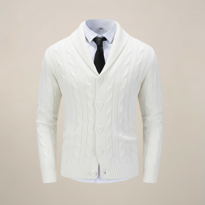 Stylish men's shawl collar cardigan with button front, a warm knit sweater ideal for autumn & winter fashion.
