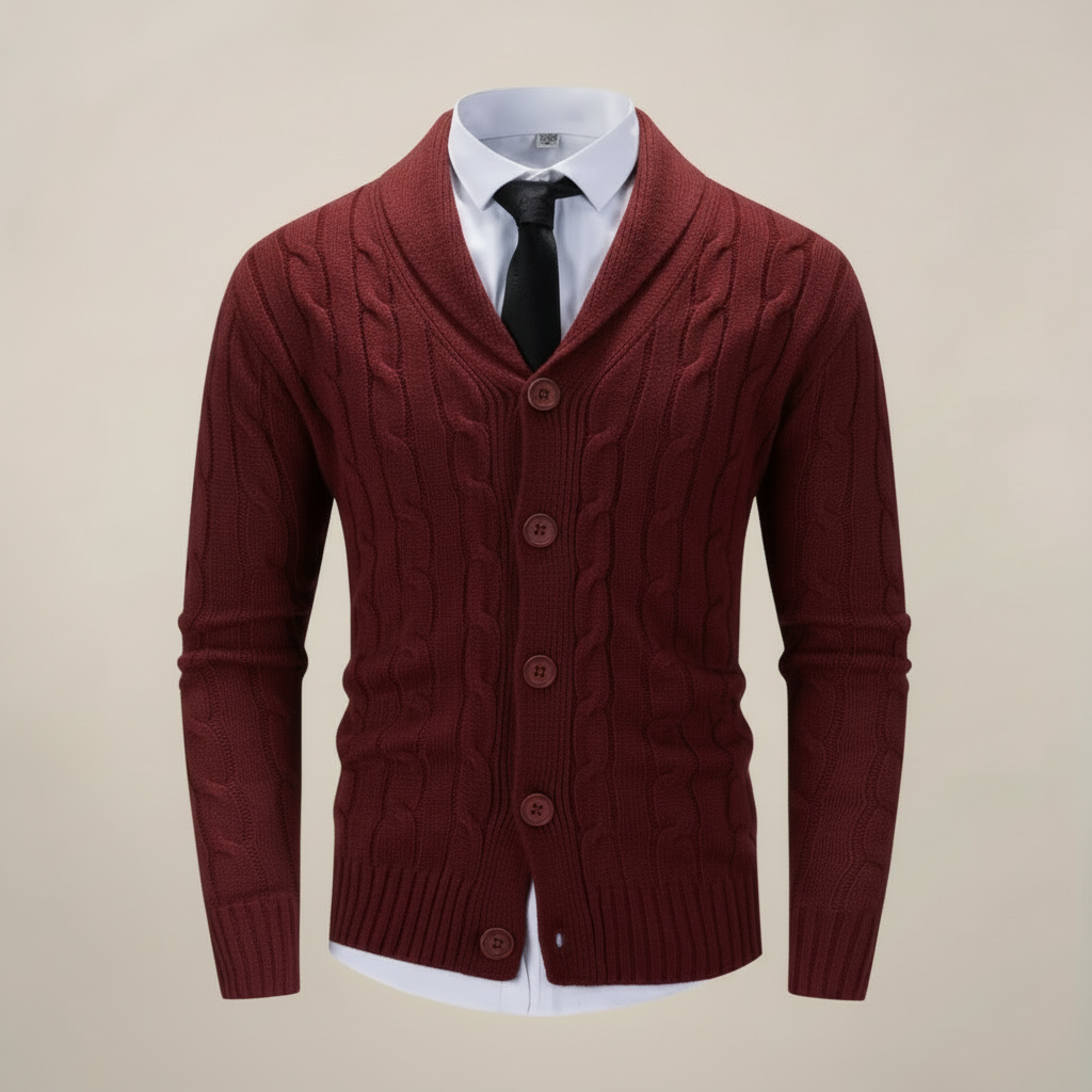 Warm & cozy men's knit cardigan featuring a sophisticated shawl collar, ideal for versatile autumn/winter layering.