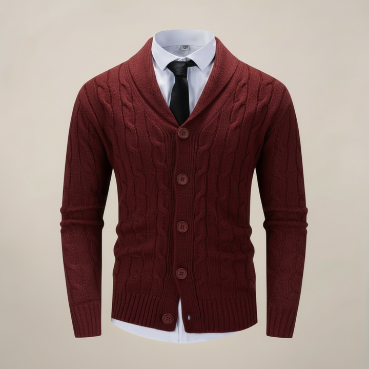 Warm & cozy men's knit cardigan featuring a sophisticated shawl collar, ideal for versatile autumn/winter layering.
