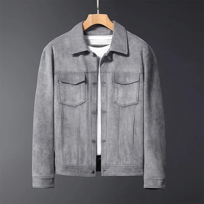 Close-up: Men's Soren button-front jacket collar detail, showcasing modern casual style & quality.
