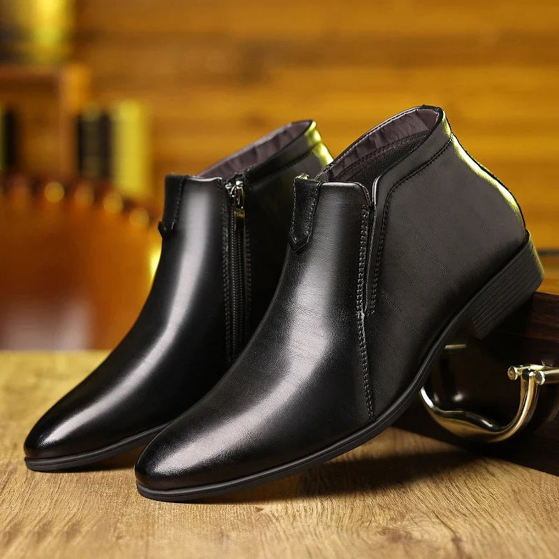 Formal men's Sorrento ankle boots, zippered for easy wear, adding a stylish touch to any dress outfit.