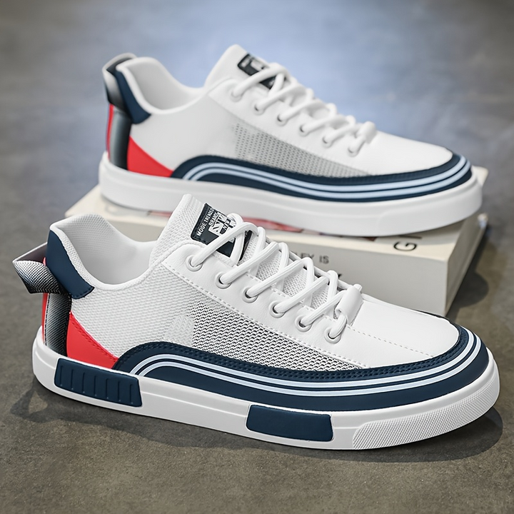 Side view: Men's Sorrento modern white sneakers, cushioned comfort & sleek style.