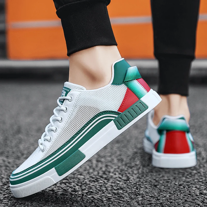 Men's Sorrento white sneakers with green accent, modern design & cushioned comfort.