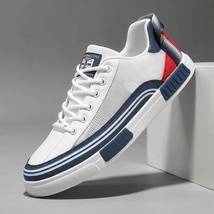 Lace-up men's Sorrento modern white sneakers, comfortable & sleek for casual everyday wear.