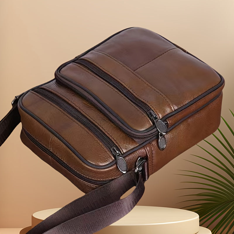 Coffee brown men's crossbody messenger bag, organized for daily essentials.