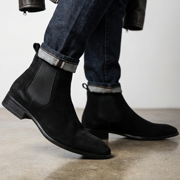Comfortable beige men's Spencer boots. Durable everyday footwear with a supportive wedge heel & rubber sole.