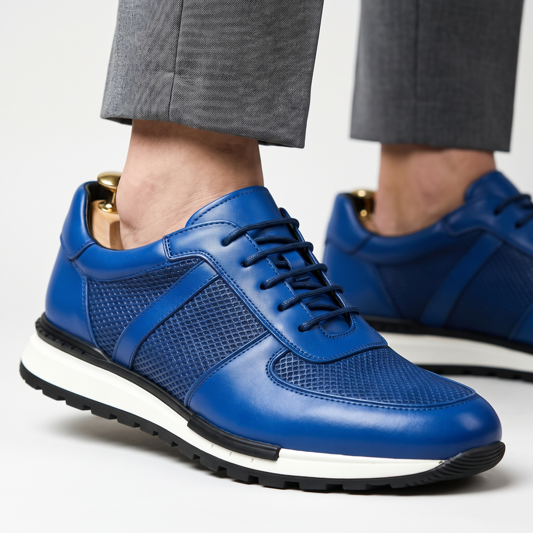 Front view: Spencer men's stylish leather & mesh platform sneakers, lace-up casual footwear.