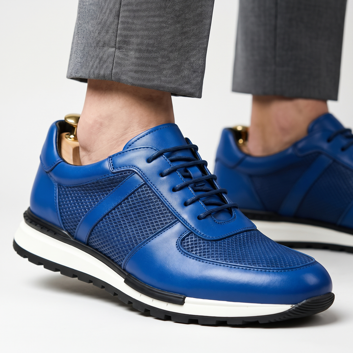 Front view: Spencer men's stylish leather & mesh platform sneakers, lace-up casual footwear.