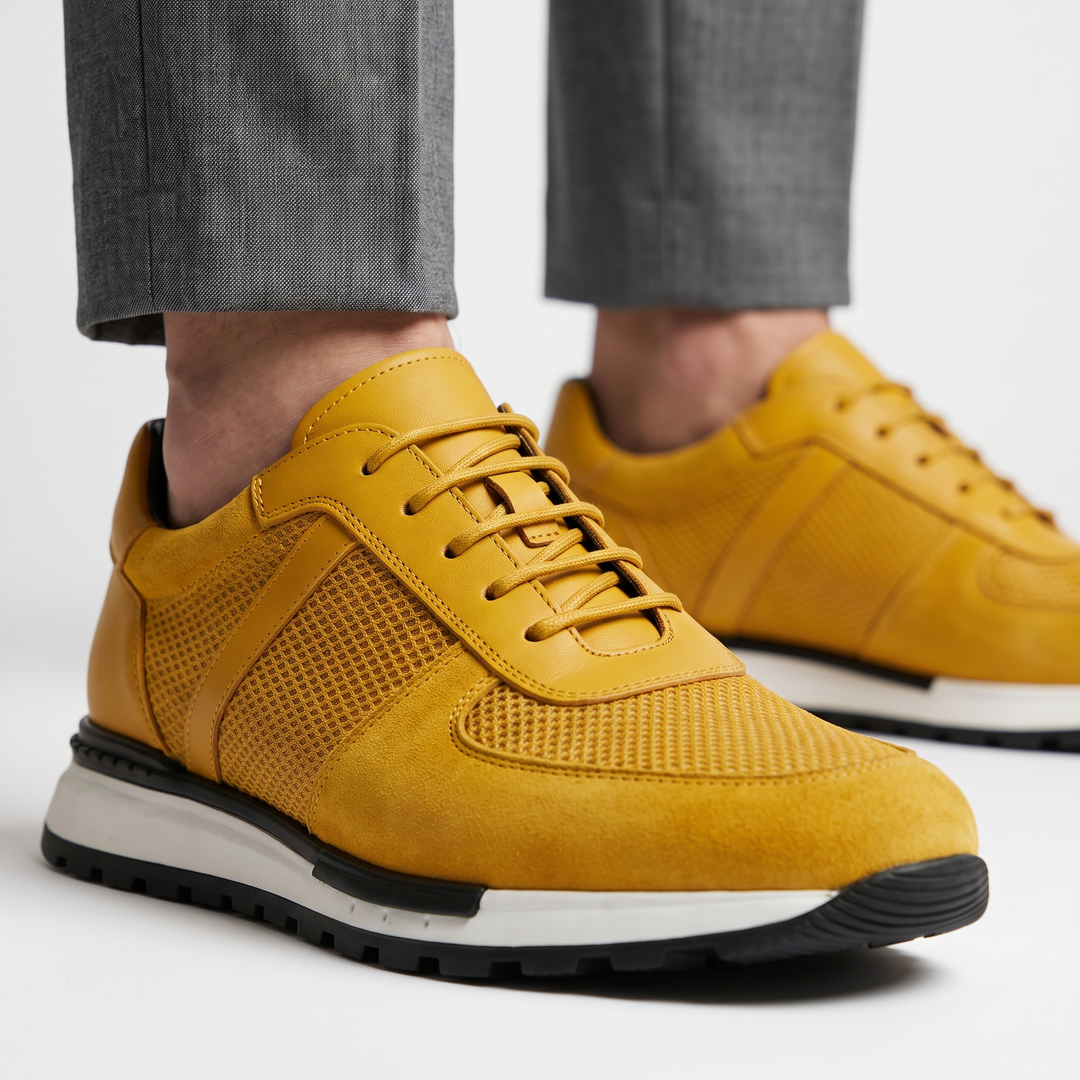 Versatile men's leather mesh lace-up platform sneakers, ideal for casual and athletic wear.
