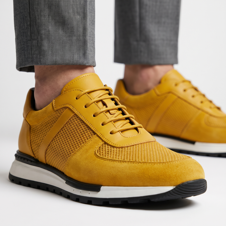 Versatile men's leather mesh lace-up platform sneakers, ideal for casual and athletic wear.