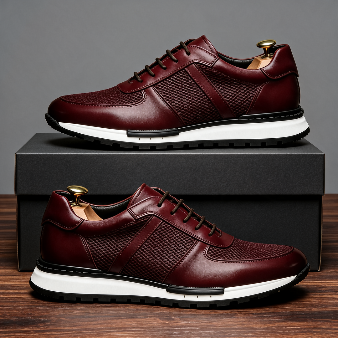 Stylish men's leather mesh platform sneakers; comfortable lace-up casual footwear for modern fashion.