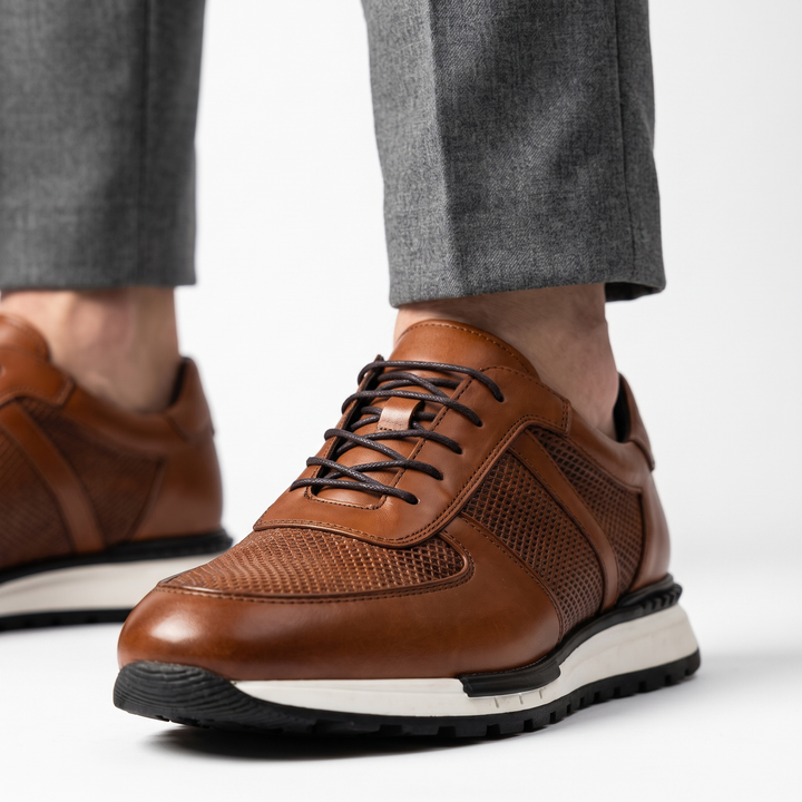 Men's Spencer leather & mesh lace-up sneakers; stylish & comfortable platform design for modern men.