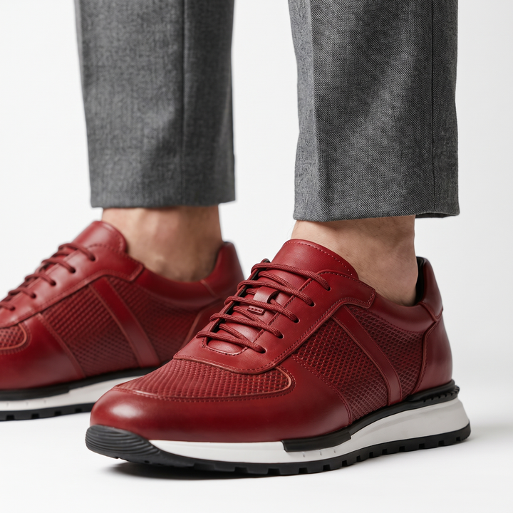 Comfortable men's athletic leather & mesh sneakers, perfect lace-up casual shoes with platform.