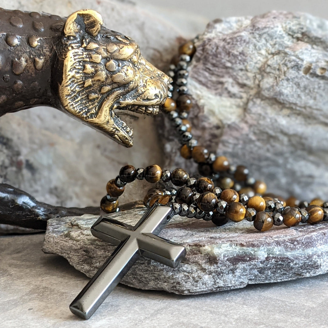 Men's spiritual gemstone rosary necklace with various natural stones for protection & style.
