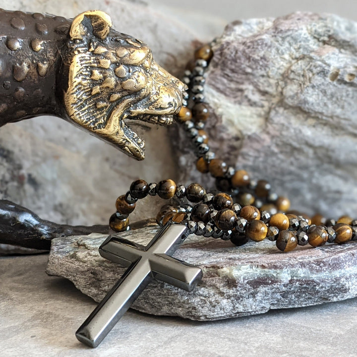 Men's spiritual gemstone rosary necklace with various natural stones for protection & style.