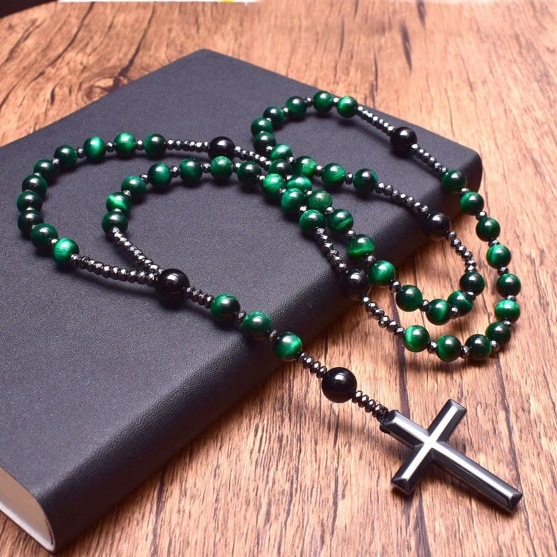 Men's gemstone rosary necklace, Tiger Eye & Lapis spiritual protection jewelry.