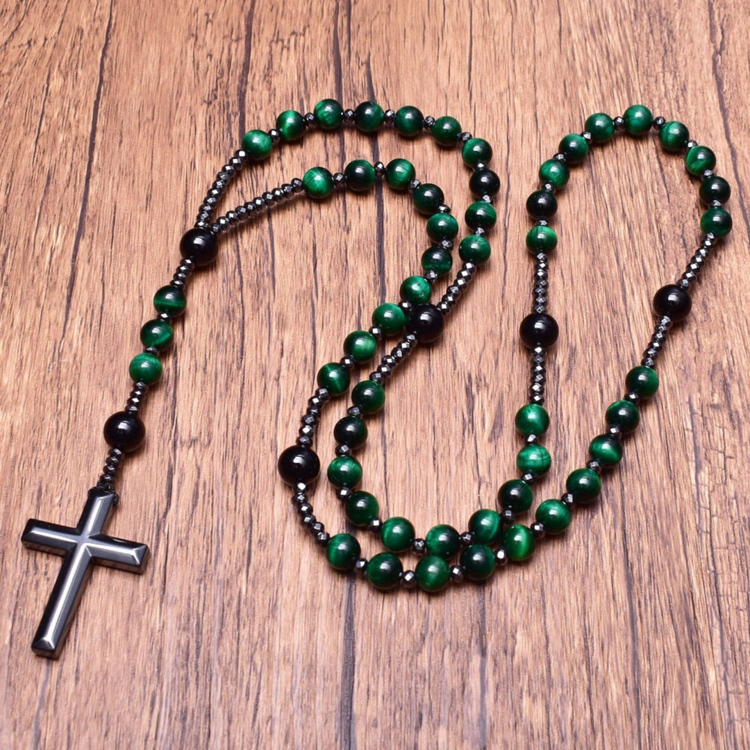Men's Green Tiger Eye & Grey Jasper rosary necklace, spiritual protection jewelry.