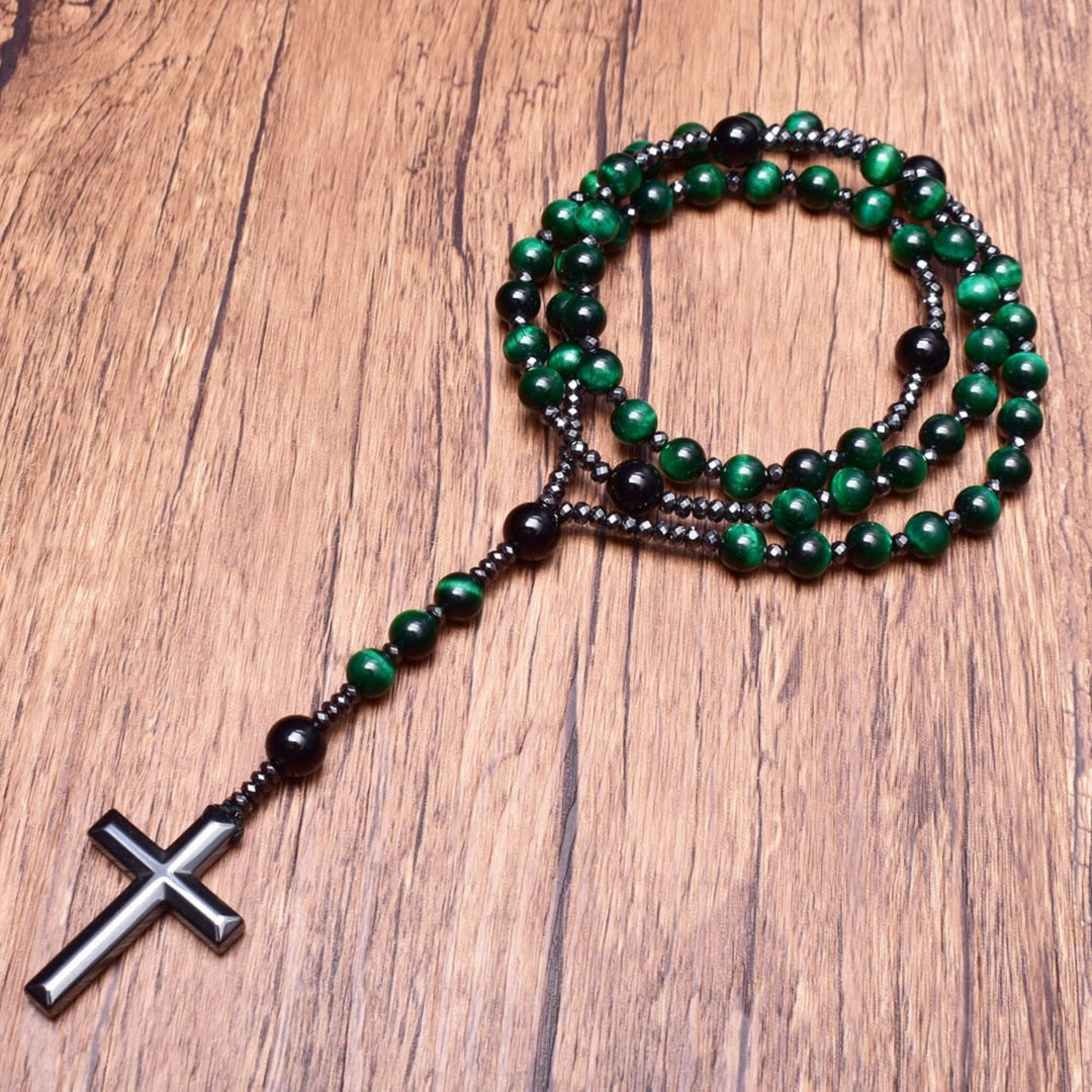 Elegant men's gemstone rosary jewelry, spiritual protection necklace for modern men.