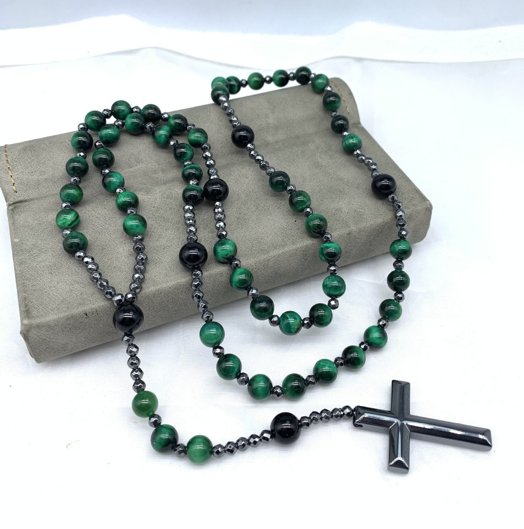 Spiritual gift for men: Gemstone rosary necklace with Tiger Eye, Lapis, & Jasper protection.