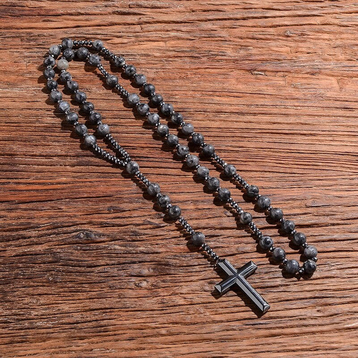 Men's gemstone rosary necklace with detailed pendant & protection stones.