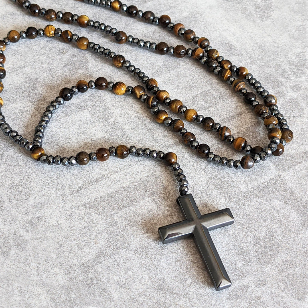 Men's Tiger Eye gemstone rosary necklace, spiritual protection jewelry for daily wear.