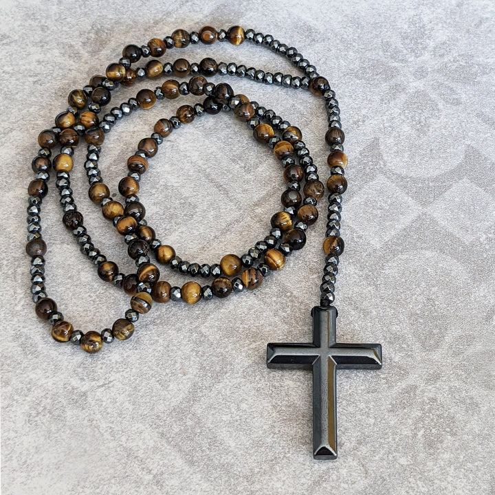 Men's Lapis Lazuli gemstone rosary necklace, spiritual jewelry offering protection & peace.