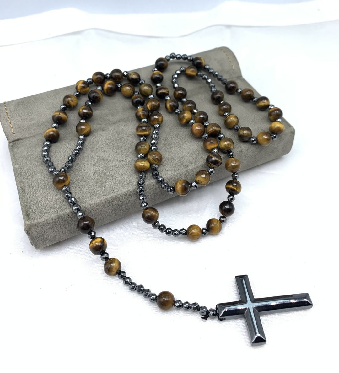 Men's Green Tiger Eye gemstone rosary, spiritual necklace for protection & grounding.