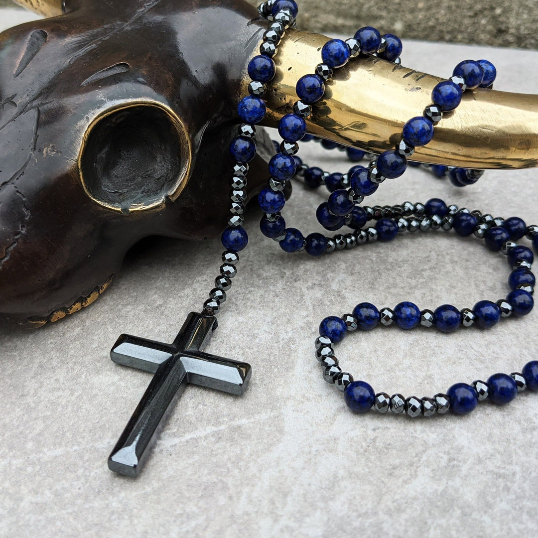Men's multi-gemstone rosary necklace featuring Tiger Eye, Lapis, Jasper for spiritual protection.