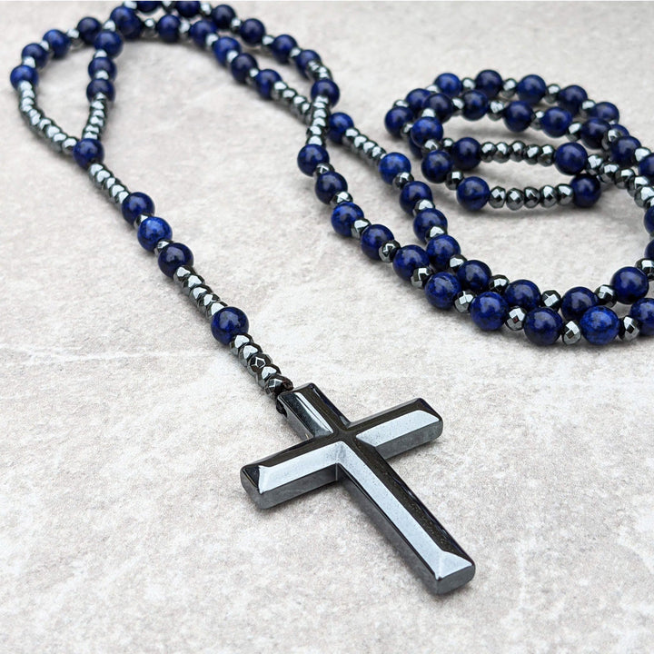 Detail of men's gemstone rosary necklace beads, showing natural Tiger Eye & Lapis Lazuli.