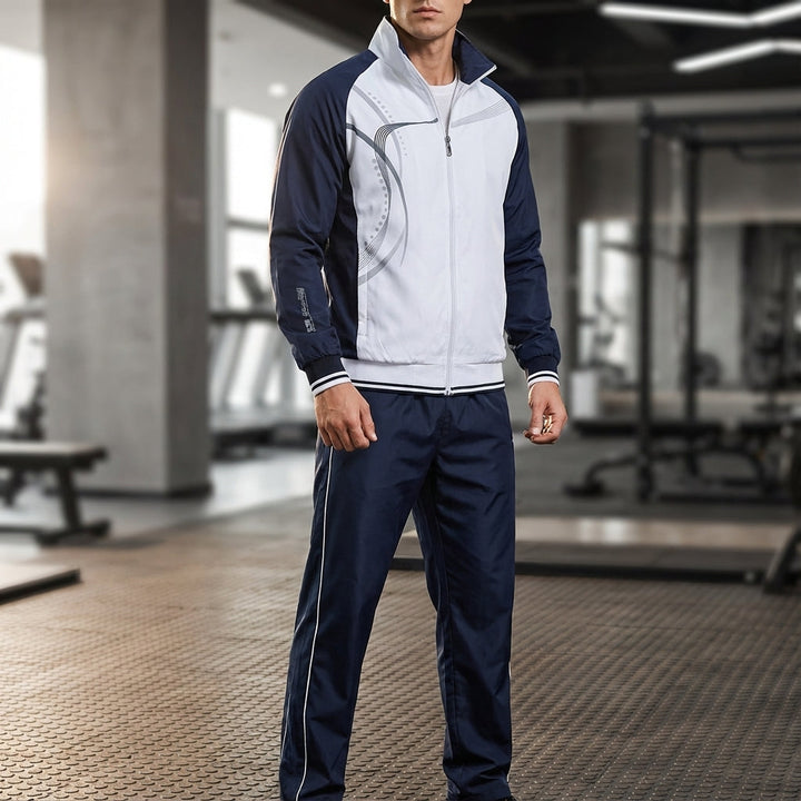Men's sporty casual two-piece tracksuit set in black, comfort fit for spring/autumn loungewear.