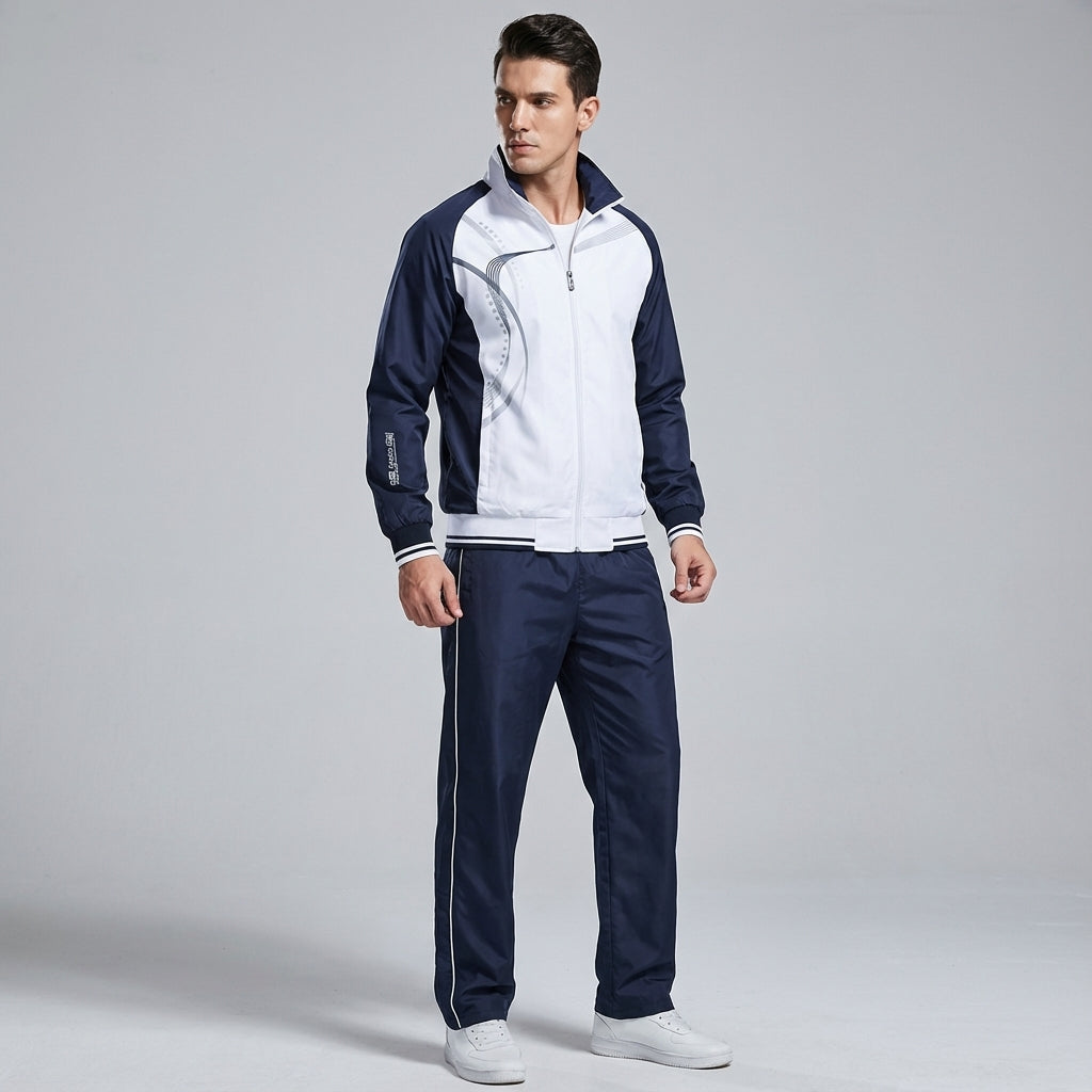 Men's black sporty casual tracksuit set showing jacket and pants, versatile athletic wear.